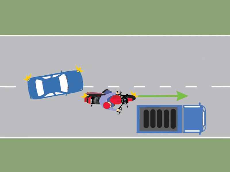Conduceți autoturismul albastru. V-ați angajat corect în depășirea motocicletei?