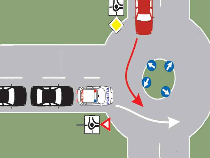 Cum procedați dacă vă aflați în autoturismul roșu și observați că de pe drumul fără prioritate se apropie o coloană cu regim prioritar?