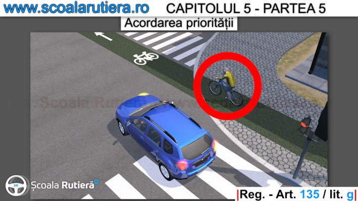 pierde prioritatea cel ce vireaza la stanga sau la dreapta si se intersecteaza cu un biciclist care circula pe o pista pentru biciclete